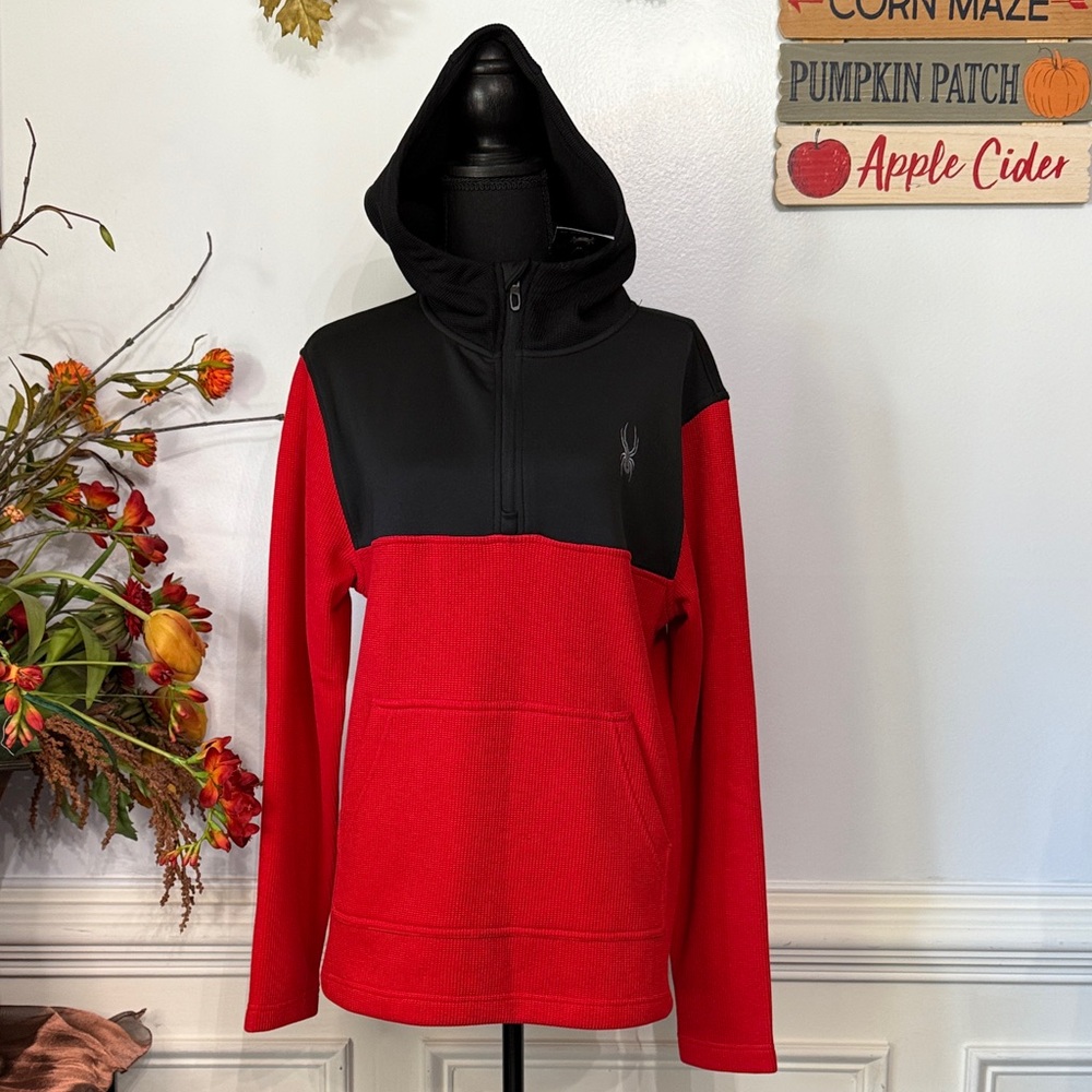 NWT Spyder Men's Red Black 1/4 Zip Waffle Fleece Hoodie Sweater Jacket S